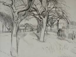 John Aldridge Orchard Great Bardfield Modern British Landscape Drawing By John Aldridge Landscape Drawings Landscape Drawings