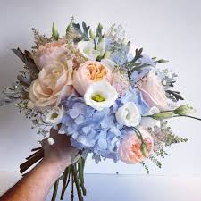 Pink Peach And Blue Bridal Bouquet Including Hydrangea And Roses Designed And Created By Bridal Bouquet Blue Hydrangea Bouquet Wedding Flower Bouquet Wedding