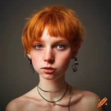 Portrait of a girl with short ginger hair and fish hook earring