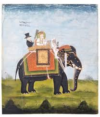 Bonhams : The Mughal Emperor Akbar Shah II and Archibald Seton, British Resident at Delhi, riding an elephant North India, circa 1850-60