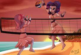 109197 - safe, artist:horsecat, rarity, sweetie belle, equestria girls,  barefoot, beach, clothes, dress, feet, female, missing shoes, raristocrat,  rose dewitt bukater, sisterly love, sisters, sports, sunset, titanic,  volleyball, volleyball net, water ...