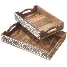 Filament Design Sundry Hand Carved Mango Wood Decorative Tray Set Of 2 105434 At The Home Depot Serving Tray Wood Decorative Tray Decoupage Tray