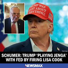 Senate Minority Leader Chuck Schumer is sharply criticizing President  Donald Trump's removal of Federal Reserve Board Governor Lisa Cook,  accusing him of "playing a dangerous game of Jenga" while risking the  independence