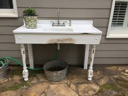 Great Outdoor Sink From A Vintage Porcelain Sink Hook Up Garden Hose To Outdoor Connection Outdoor Sinks Garden Sink Outside Sink