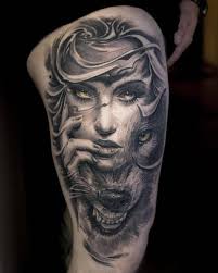 Black And Grey Tattoo Ideas For Women Black And Grey Woman And Wolf Tattoo On The Right Thigh Tattoo Artist Victor Portugal Thigh Tattoos Women Picture Tattoos Face Tattoos For Women