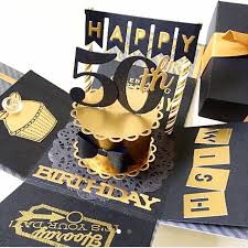 Black And Gold Card Box 50th Happy Birthday Explosion Box Card In Black And Gold Design Craft Handmade Goods Birthday Explosion Box Diy Birthday Explosion Box Exploding Box Card
