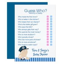 Guess Who Mommy Or Daddy Police Shower Game Invitation Zazzle Com In 2020 Police Baby Shower Funny Baby Shower Games Police Baby Shower Theme