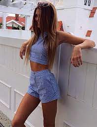 Striped Crop Top And Shorts Set Chicim