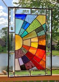 Geometric stained glass patterns for windows. Beveled Stained Glass Window Panel Rainbow Arch Geometric Etsy In 2021 Stained Glass Diy Stained Glass Windows Stained Glass Window Panel