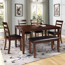 Euroco 6 Piece Dining Room Table Set With 4 Ladder Chairs And Bench Brown Walmart Com Dining Room Table Dining Room Table Set Dining Table Setting