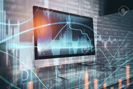 Side View Of Computer Screen On Office Desktop With Forex Chart