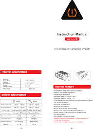 Owner's manual, presented here, contains 88 pages and can be viewed online or downloaded to your device in pdf format without registration or providing of any personal data. Tc88 Tpms User Manual Shenzhen Tcity Electronics