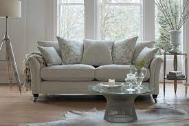 Parker Knoll Devonshire Grand Pillowback Sofa In Jennings Silver With Austen Dove Pillows Austen Trellis Dove Scatters Parker Knoll Furniture Fabric Sofa