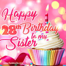 Copy and paste our html codes for happy birthday greetings, glitter graphics, comments,animated gif and images on your facebook status, pinterest, hi5, myspace profile, friendster,bebo, xanga and orkut scraps. Happy 28th Birthday To My Sister Glitter Bday Cake Candles Gif Download On Funimada Com