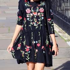 Zara long flowing tulle embroidered dress m medium oyster white. Zara Dresses Zara Floral Embroidered Black Swing Dress Poshmark