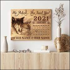Custom Canvas Prints Personalized Gift For Anniversary He Asked She Said  Yes Loving Wolf Couple Calendar Wall Art Decor Ohcanvas - Oh Canvas