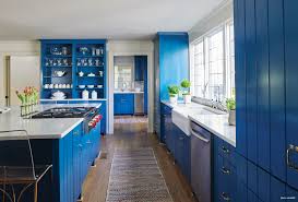 blue kitchen white quartz countertops