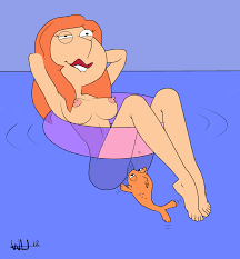 explicit, artist:badbrains, lois griffin, american dad, family guy, 2012,  areolae, armpits, arms behind head, ass, barefoot, biting lip, breasts,  crossover, cunnilingus, duo, eyelashes, feet, female, fish, fucked silly,  goldfish, human, innertube, klaus