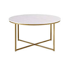 A stunning cocktail table with white marblea stunning cocktail table with white marble and this round metal coffee table is crafted with a geometric frame. Walker Edison Cora Modern Round Faux Marble Top Coffee Table With X Base 36 Inch White Faux Marble And Gold Pricepulse
