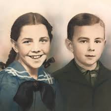 Antique Hand Colored Portrait Photograph Young Boy Smiling Girl Siblings  1930's