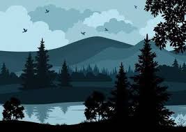 Night Landscape Mountains River Trees And Birds Silhouettes Night Landscape Landscape Silhouette Landscape Illustration