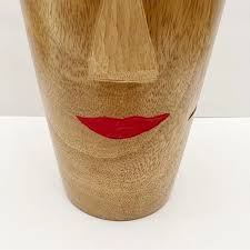 Modern Abstract Carved Hand Painted Wood Vase Woman Red Lips Floral Face 12”