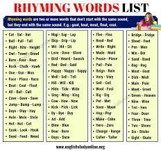 Rhyming Words List Of 70 Interesting Words That Rhyme In English English Study Online Rhyming Words Rhyming Words List Ryming Words