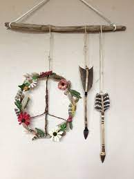 Boho Hippie Wildflowers Feathers Wooden Peace Sign Wreath Handmade Arrows Handmade Home Hippie Home Decor Handmade Home Decor