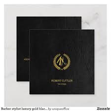 Black And Gold Barber Logo Barber Stylist Luxury Gold Black Leather Look Square Business Card Zazzle Com Square Business Card Barber Business Cards Square Business Cards