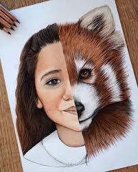 Petite Fille Et Panda Roux Dessin Au Crayons De Couleur Totem Portrait Bullet Journal