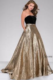 Black And Gold Ball Gown Jovani Dress 47982 Jovani 47982 Black And Gold Strapless Long Ballgown With Front Pockets Ball Gowns Prom Prom Dresses Jovani Ball Gowns