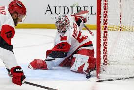 Pyotr Kochetkov preparing for the Carolina Hurricanes against the Philadelphia Flyers