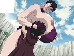 cattleya (queens blade), rana (queens blade), queens  blade, anime screenshot, stitched, third-party edit, 1boy, 1girl, black  hair, blue eyes, breast rest, breasts, breasts on head, breasts out,  glasses, hand on anothers head,