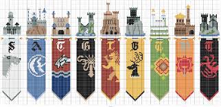 The cover side includes a full color photo of the stitched bookmark. Game Of Thrones Banners Cross Stitch Games Geek Cross Stitch Harry Potter Cross Stitch Pattern
