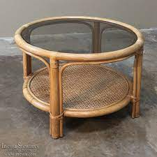 Great vintage condition with some wear consistent with age and use. 31 Round Rattan Coffee Table With Glass Top