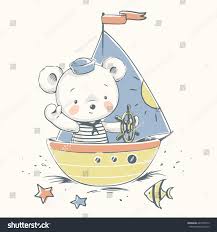 Cute Bear Sailor On A Boat Cartoon Hand Drawn Vector Illustration Can Be Used For T Shirt Print Kids Wear Boat Cartoon Boat Illustration Sailor Illustration