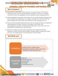 Pembelajaran chapter 5 greeting cards untuk kd 3.5 siswa dapat mengidentifikasi fungsi sosial, struktur teks dan unsur kebahasaan. Invitation Worksheet
