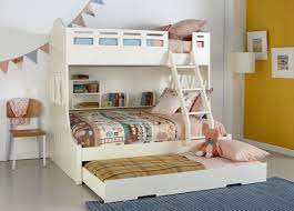 Brave red comtemporary bunk bed with a trundle bed. Kids White Snow Bunk Bed With Trundle And Built In Shelving Pastel Coloured Patterned Linen And Decor D Modern Bunk Beds Bunk Bed With Trundle Cool Bunk Beds