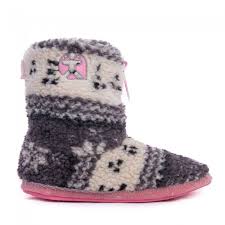 Jessica Fairisle Sherpa Fleece Slipper Boots Grey Soft Pink Side Slipper Boots Pink Slippers Slippers