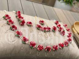 Baby shower flower jewellery set. Beautiful Red Gotta Patti Bridal Floral Jewellery Set For Haldi Mehandi Weeding Baby Shower