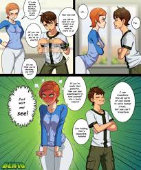 asa (teng zi), ben tennyson, gwen tennyson, ben 10, highres, translation  request, 1boy, 1girl, ass, blush, breasts, brown hair, earrings, english  text, green eyes, hair ornament, hairclip, jewelry, medium breasts, motion  lines,