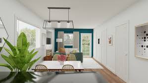 Nothing says home sweet home better than a dining room with a little rustic style. Eclectic Glam Open Plan Living And Dining Room Design With Peacock Blue Accents By Spacejoy
