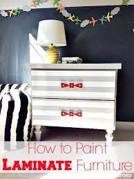 How To Paint Laminate Furniture Striped Nightstand Www 2littlesuperheroes Com Laminate St Painting Laminate Furniture Laminate Furniture Furniture Makeover