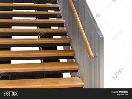 Traditional wood banister with dark top and white slats. Modern Wooden Image Photo Free Trial Bigstock