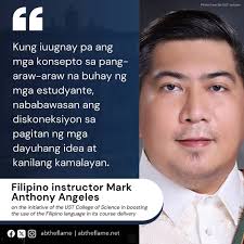 ENGLISH-ONLY POLICY WHO? The UST College of Science is promoting the use of  Filipino in its course delivery, research publication and campus events to  enrich the students' academic experience and contribute to