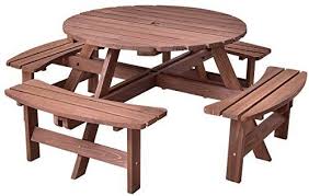 Amazon Com Giantex 8 Person Wooden Picnic Table Set With Wood Bench With Umbrella Hold Design Wooden Picnic Tables Round Picnic Table Dining Set With Bench