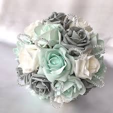 Posy Bouquet Mint Green White Grey Roses Artificial Wedding Flowers With Images Wedding Mint Green Mint Wedding Themes Mint Green Wedding Bouquets