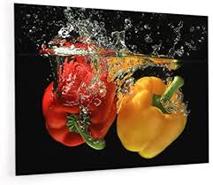 Impression Murale Fond De Hotte Credence De Cuisine En Verre De Synthese Avec Fixation Adhesive Poivrons Jaune Et Rouge Ponglee Dans L Eau L 90 X H 70 Cm Epaisseur 4 Mm