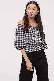 Black And White Checkered Off The Shoulder Top Pdp Online Shopping Clothes Women Black And White Blouse Checks Fashion