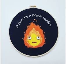 Calcifer Howl S Moving Castle A Heart S A Heavy Burden Hoop Art Sewing Embroidery Designs Embroidery Art Cross Stitch Art